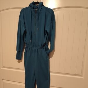 Teal Hooded Jumpsuit With Pockets